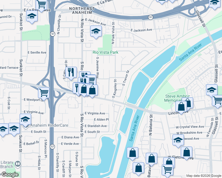 map of restaurants, bars, coffee shops, grocery stores, and more near 201 South Kingsley Street in Anaheim