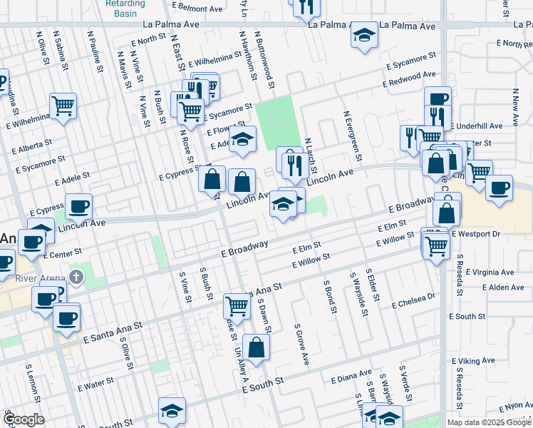 map of restaurants, bars, coffee shops, grocery stores, and more near 1274 East Lincoln Avenue in Anaheim