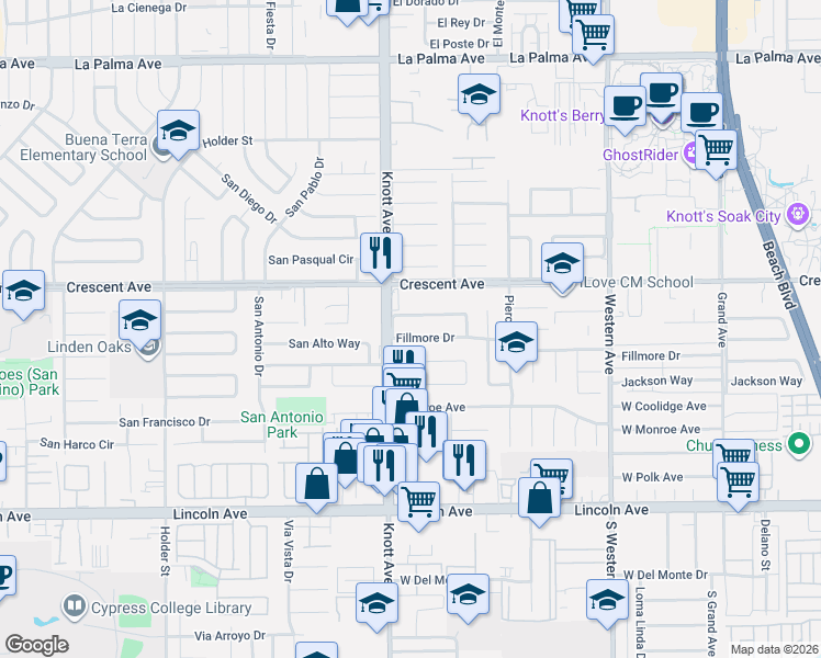 map of restaurants, bars, coffee shops, grocery stores, and more near in Buena Park