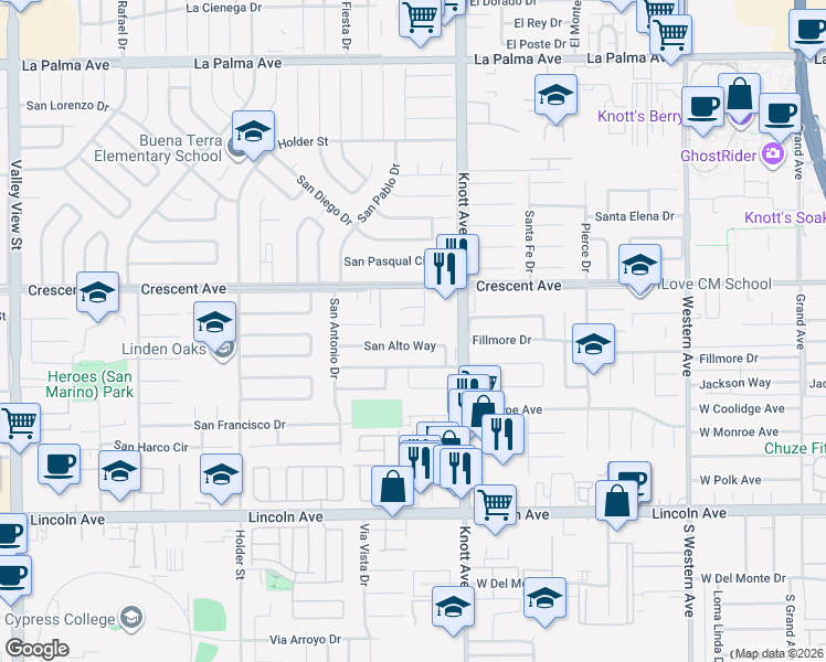 map of restaurants, bars, coffee shops, grocery stores, and more near 8530 San Adriano Way in Buena Park