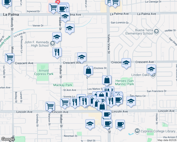 map of restaurants, bars, coffee shops, grocery stores, and more near 5783 Los Encinos Street in Buena Park