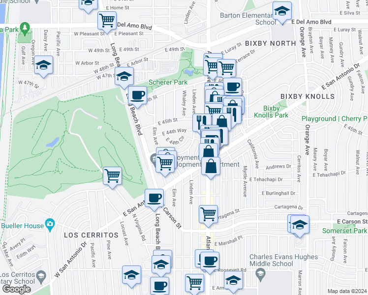 map of restaurants, bars, coffee shops, grocery stores, and more near 4461 Linden Avenue in Long Beach