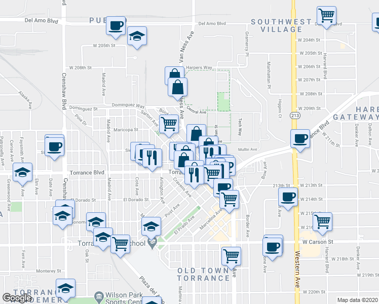 map of restaurants, bars, coffee shops, grocery stores, and more near 841 Van Ness Avenue in Torrance