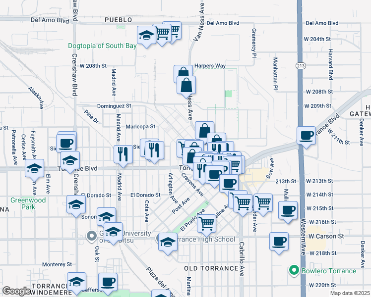 map of restaurants, bars, coffee shops, grocery stores, and more near 841 Van Ness Avenue in Torrance
