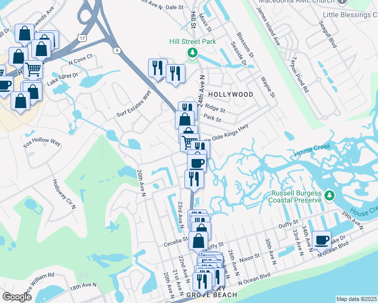map of restaurants, bars, coffee shops, grocery stores, and more near 905 Sea Mountain Highway in North Myrtle Beach