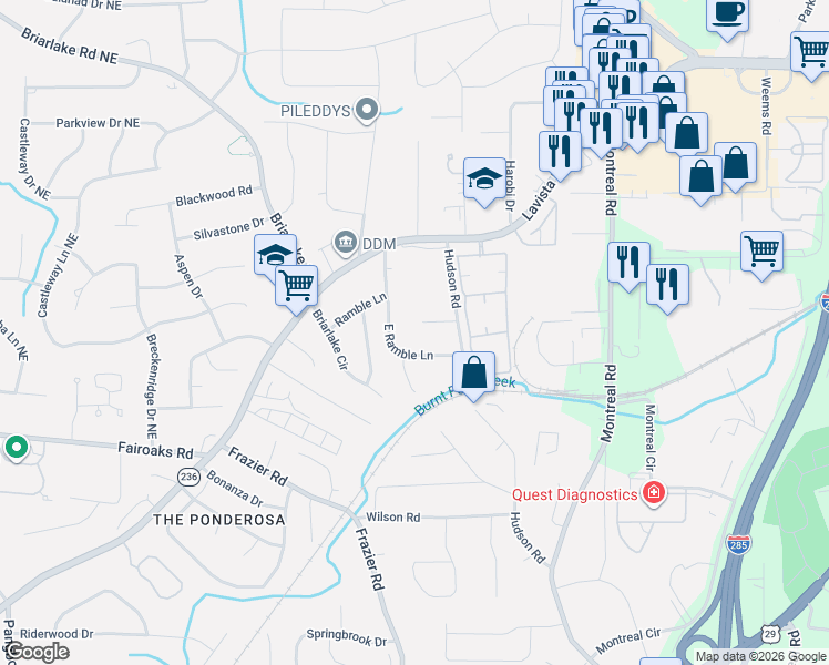 map of restaurants, bars, coffee shops, grocery stores, and more near 3048 Hudson Court in Decatur