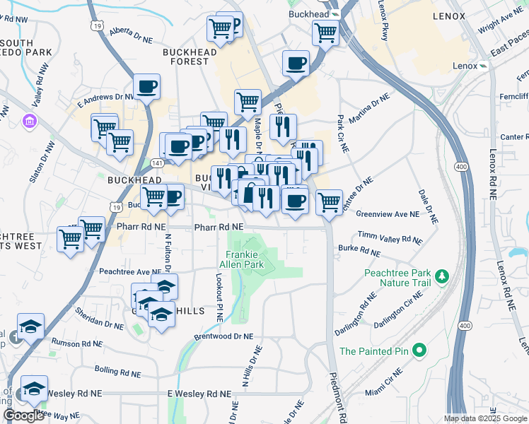 map of restaurants, bars, coffee shops, grocery stores, and more near 490 East Paces Ferry Road Northeast in Atlanta