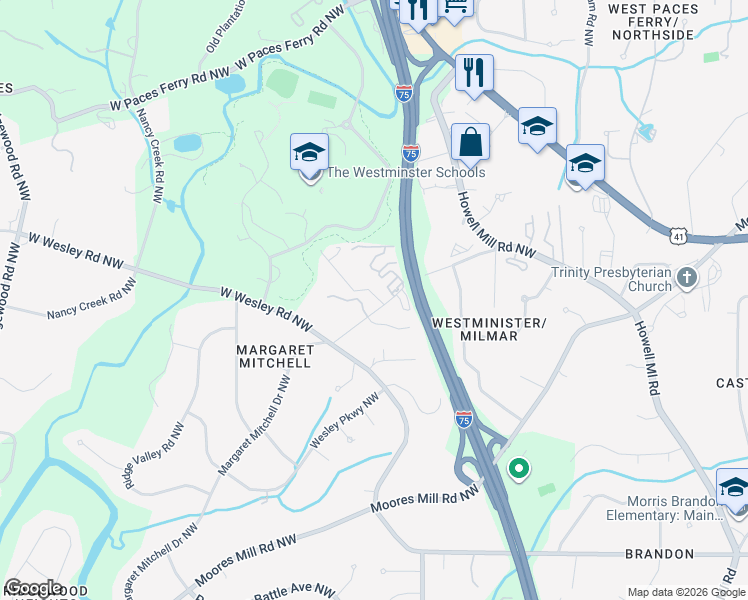map of restaurants, bars, coffee shops, grocery stores, and more near 3000 Margaret Mitchell Drive Northwest in Atlanta
