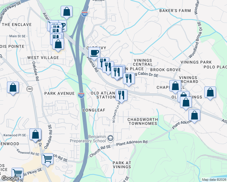 map of restaurants, bars, coffee shops, grocery stores, and more near 3915 Old Atlanta Station Drive in Atlanta
