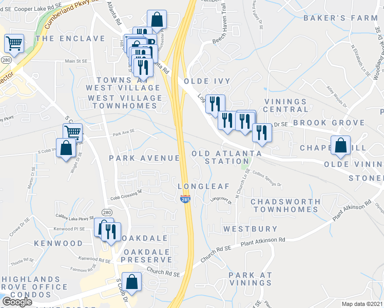 map of restaurants, bars, coffee shops, grocery stores, and more near 4705 Longcourt Drive in Atlanta