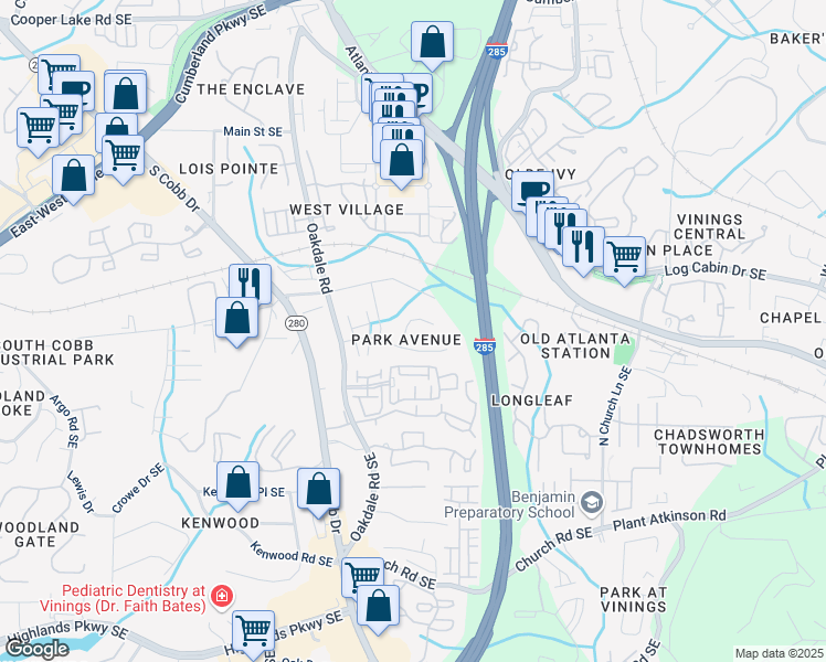 map of restaurants, bars, coffee shops, grocery stores, and more near 4677 Prater Way in Smyrna