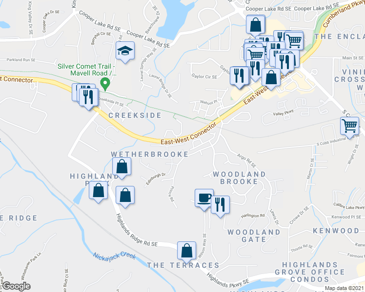 map of restaurants, bars, coffee shops, grocery stores, and more near 4691 Creekside Villas Way in Smyrna