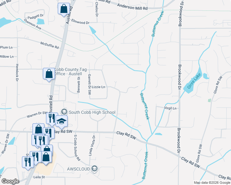 map of restaurants, bars, coffee shops, grocery stores, and more near 1680 Seayes Road Southwest in Mableton