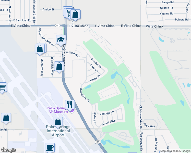 map of restaurants, bars, coffee shops, grocery stores, and more near 4239 Indigo Street in Palm Springs