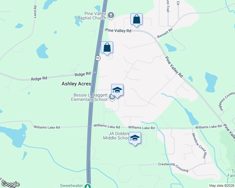 map of restaurants, bars, coffee shops, grocery stores, and more near 174 Village Drive in Hiram