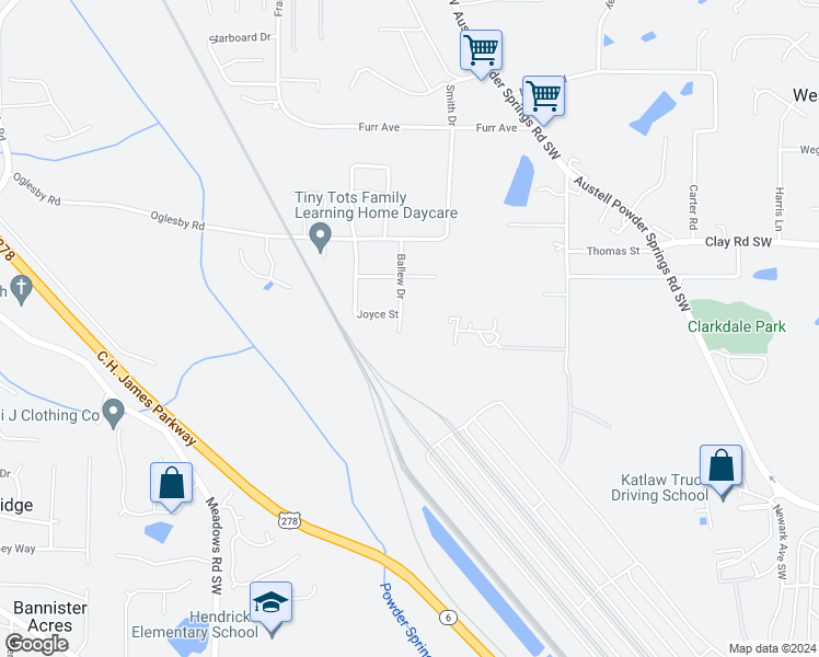 map of restaurants, bars, coffee shops, grocery stores, and more near 4765 Ballew Drive in Powder Springs