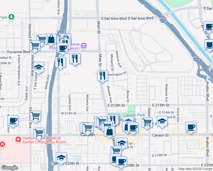 map of restaurants, bars, coffee shops, grocery stores, and more near 21103 Shearer Avenue in Carson