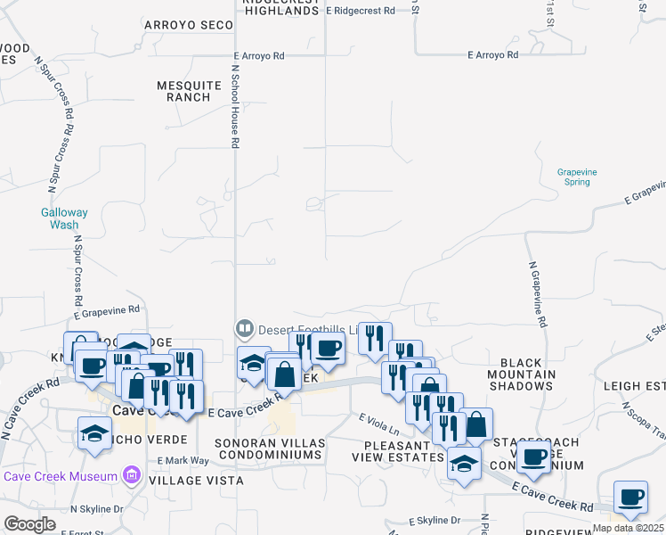 map of restaurants, bars, coffee shops, grocery stores, and more near 39051 North Ridgeway Drive in Cave Creek