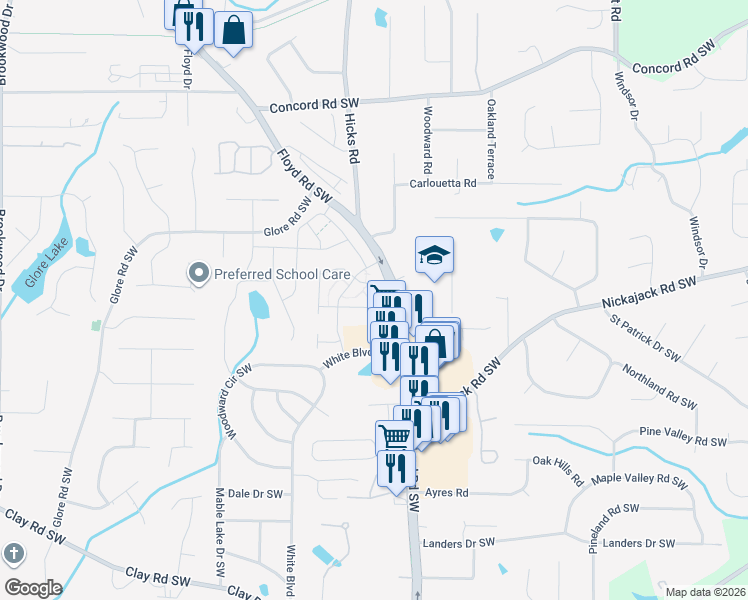 map of restaurants, bars, coffee shops, grocery stores, and more near 4730 Floyd Road Southwest in Mableton