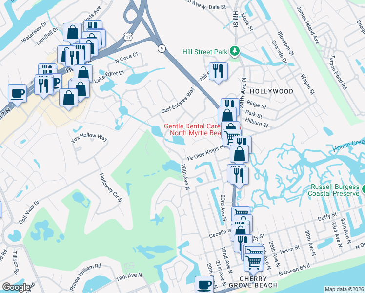 map of restaurants, bars, coffee shops, grocery stores, and more near 1302 Surf Pointe Drive in North Myrtle Beach
