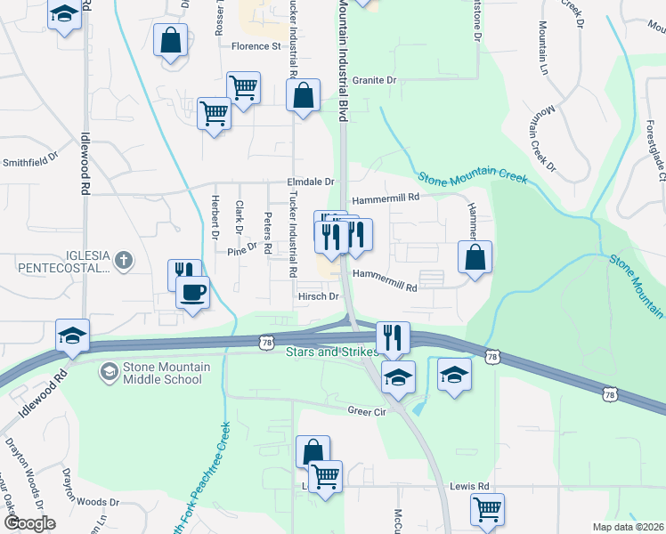 map of restaurants, bars, coffee shops, grocery stores, and more near 1856 Mountain Industrial Boulevard in Tucker