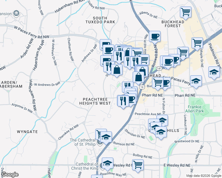 map of restaurants, bars, coffee shops, grocery stores, and more near 119 Pharr Road Northwest in Atlanta