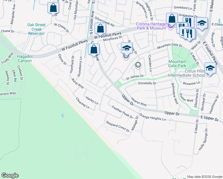map of restaurants, bars, coffee shops, grocery stores, and more near 1108 Solar Circle in Corona