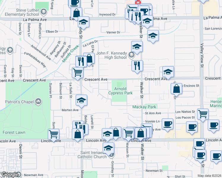map of restaurants, bars, coffee shops, grocery stores, and more near 5246 Banbury Circle in La Palma