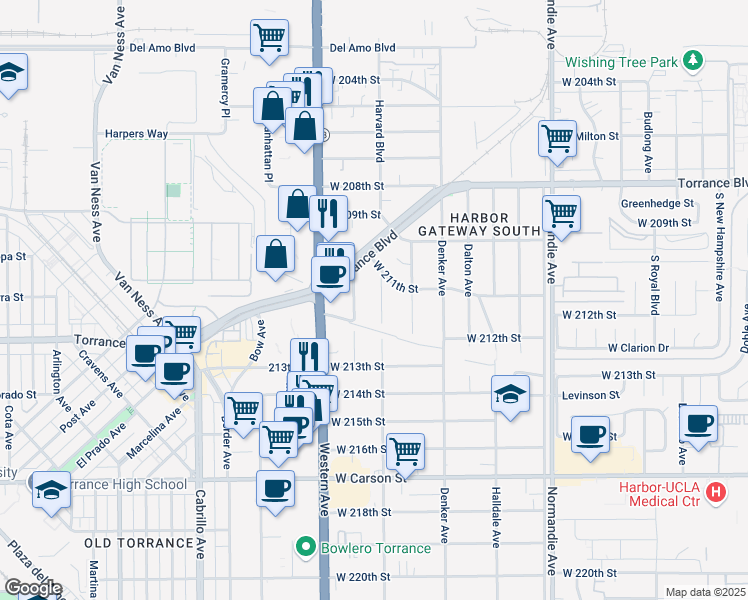 map of restaurants, bars, coffee shops, grocery stores, and more near 21109 Harvard Boulevard in Torrance