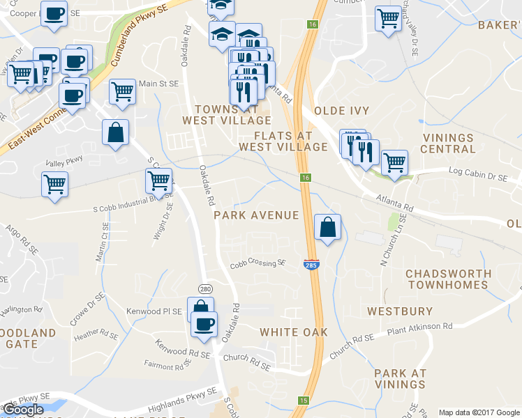 map of restaurants, bars, coffee shops, grocery stores, and more near 4677 Prater Way in Smyrna