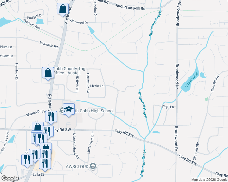 map of restaurants, bars, coffee shops, grocery stores, and more near 1680 Seayes Road Southwest in Mableton