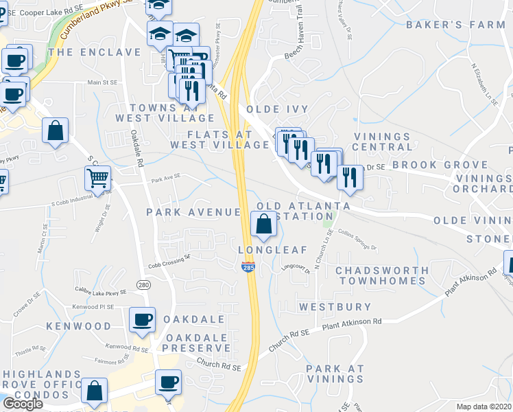 map of restaurants, bars, coffee shops, grocery stores, and more near 4705 Longcourt Drive in Atlanta