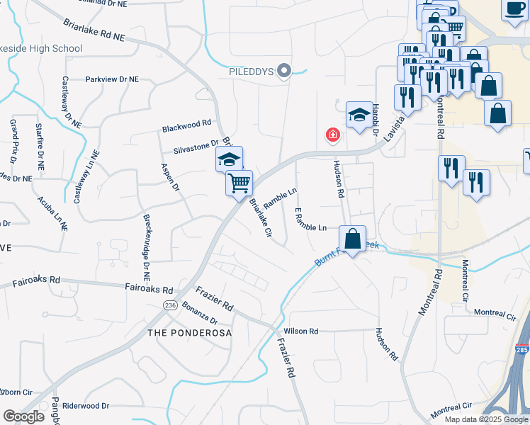 map of restaurants, bars, coffee shops, grocery stores, and more near 1865 Briarlake Circle in Decatur