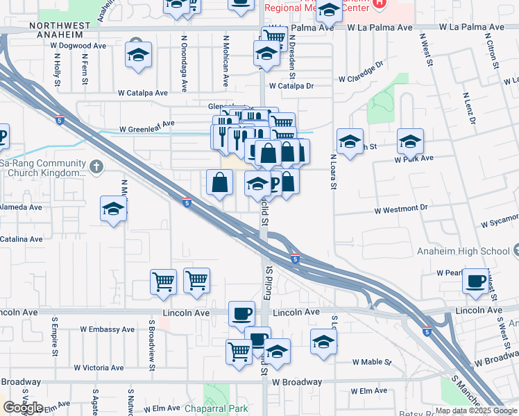 map of restaurants, bars, coffee shops, grocery stores, and more near 506 North Fairhaven Street in Anaheim
