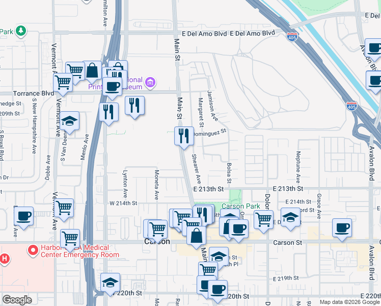 map of restaurants, bars, coffee shops, grocery stores, and more near 21103 Shearer Avenue in Carson