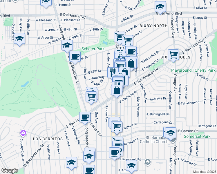 map of restaurants, bars, coffee shops, grocery stores, and more near 4461 Linden Avenue in Long Beach