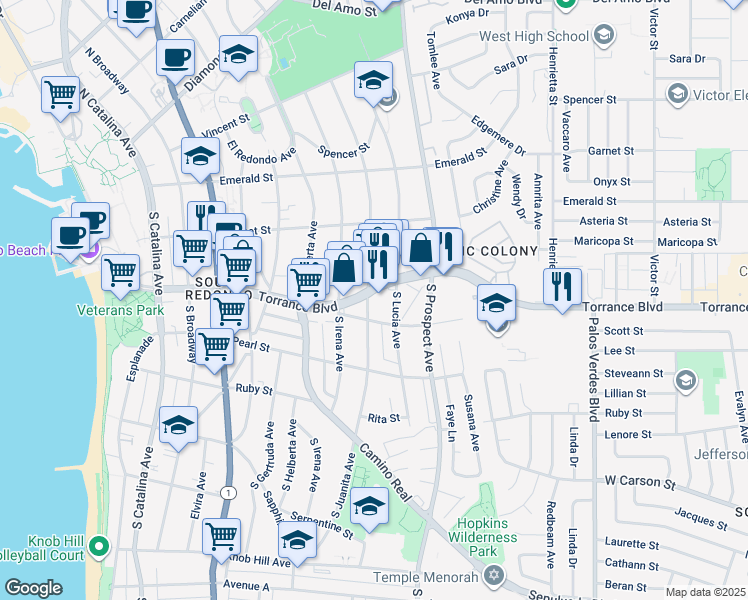 map of restaurants, bars, coffee shops, grocery stores, and more near 800 Torrance Boulevard in Redondo Beach