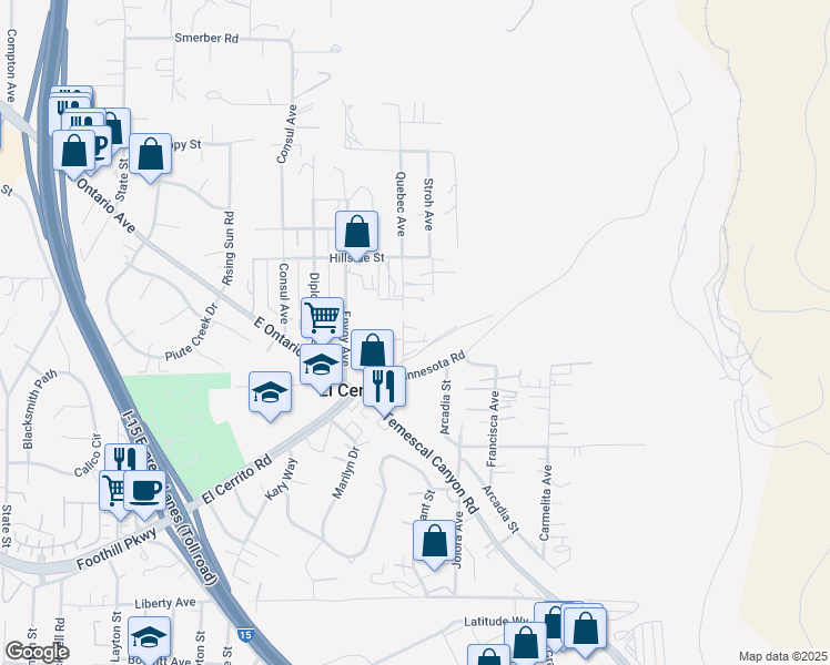 map of restaurants, bars, coffee shops, grocery stores, and more near 19380 Quebec Avenue in Corona