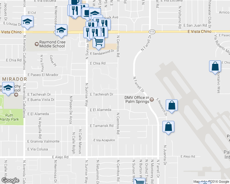 map of restaurants, bars, coffee shops, grocery stores, and more near 2061 Paseo Pelota in Palm Springs