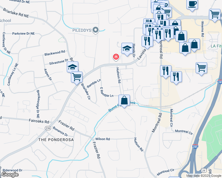 map of restaurants, bars, coffee shops, grocery stores, and more near 3047 Hudson Court in Decatur