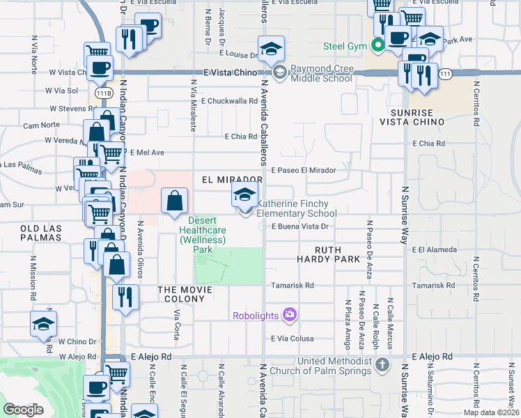 map of restaurants, bars, coffee shops, grocery stores, and more near 1111 North Avenida Caballeros in Palm Springs