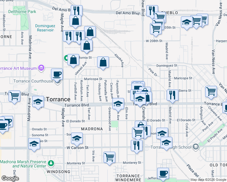 map of restaurants, bars, coffee shops, grocery stores, and more near 926 Cerise Avenue in Torrance