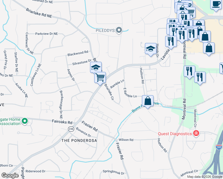 map of restaurants, bars, coffee shops, grocery stores, and more near 2982 Ramble Lane in Decatur