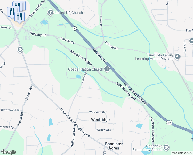 map of restaurants, bars, coffee shops, grocery stores, and more near 4691 Meadows Road Southwest in Powder Springs