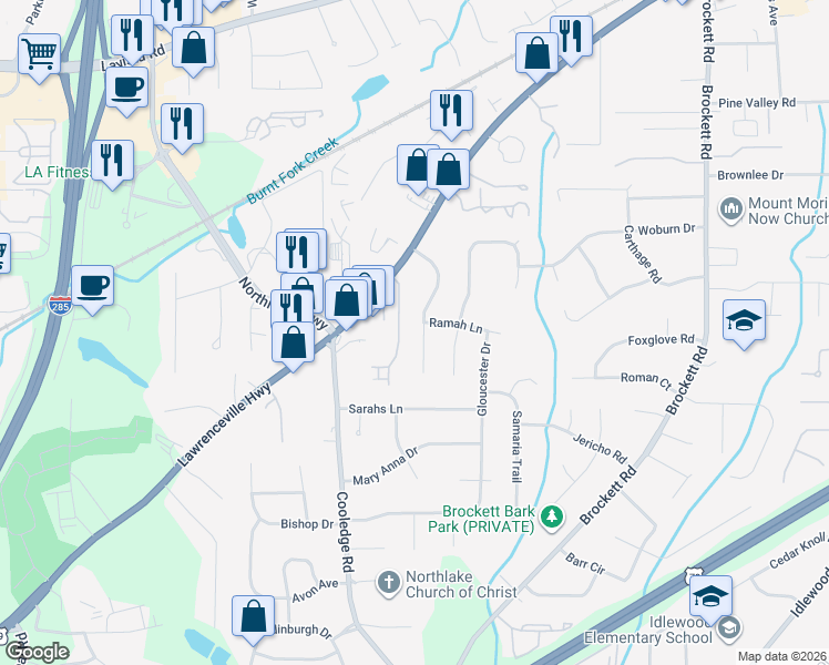 map of restaurants, bars, coffee shops, grocery stores, and more near 1878 Hebron Hills Drive in Tucker