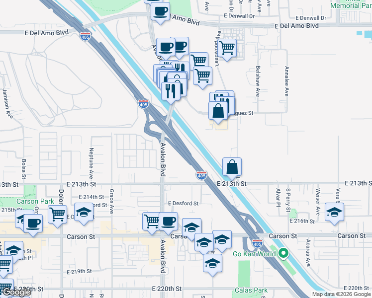 map of restaurants, bars, coffee shops, grocery stores, and more near Interstate 405 in Carson
