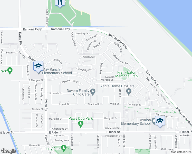 map of restaurants, bars, coffee shops, grocery stores, and more near 3273 Regal Oaks Place in Perris