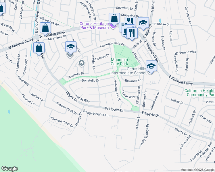 map of restaurants, bars, coffee shops, grocery stores, and more near Rembrandt Drive in Corona