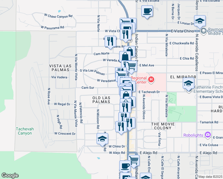 map of restaurants, bars, coffee shops, grocery stores, and more near 269 Camino Sur in Palm Springs