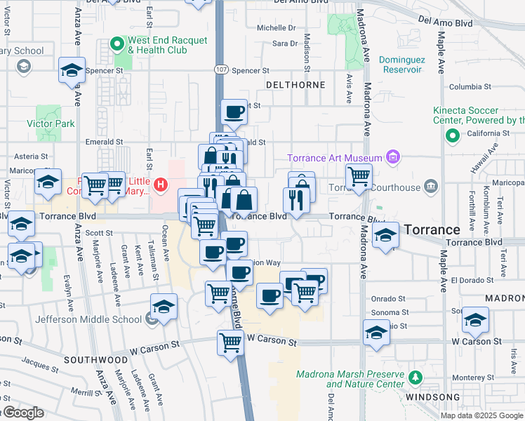 map of restaurants, bars, coffee shops, grocery stores, and more near 3701 Torrance Boulevard in Torrance